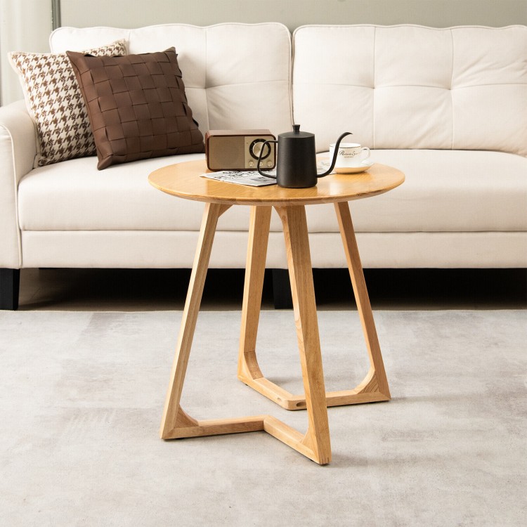24-inch round end table made of rubber wood with V-shaped legs, featuring a natural finish for farmhouse style.