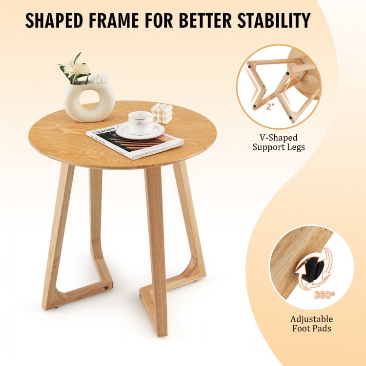24-inch round end table with V-shaped support legs, made of rubber wood, featuring adjustable foot pads for stability.