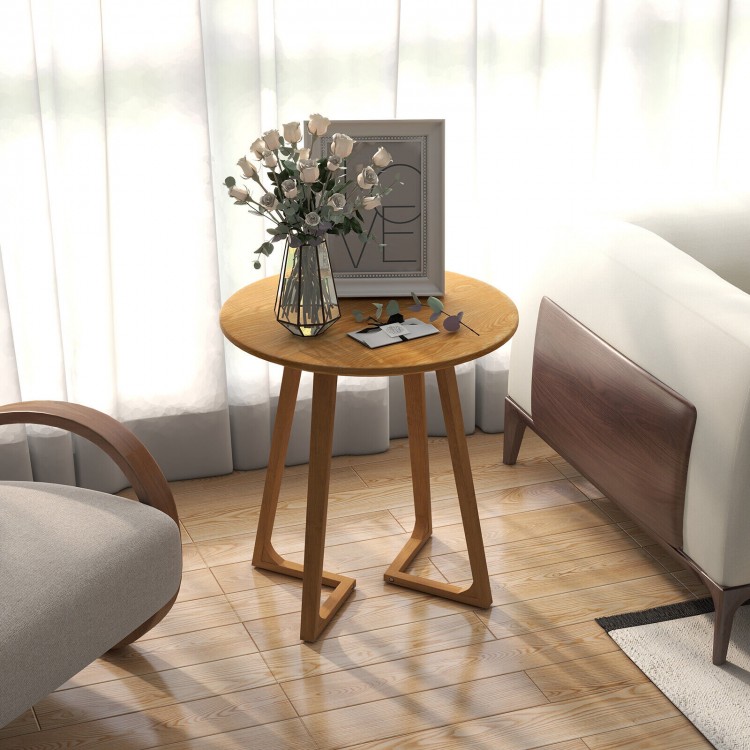24-inch round end table made of rubber wood with V-shaped legs, perfect for living room or balcony decor.