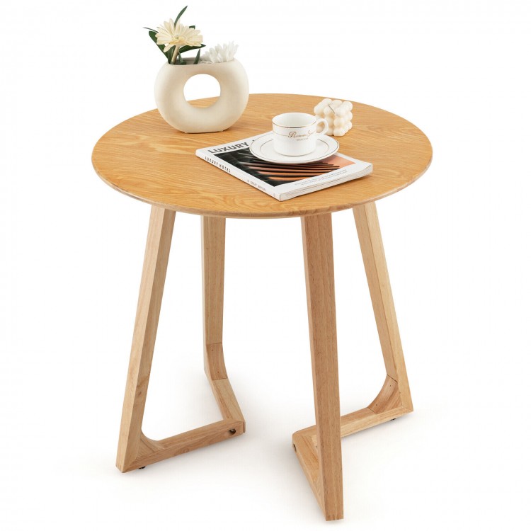 24-inch round end table made of rubber wood with V-shaped legs, ideal for living room or balcony use.