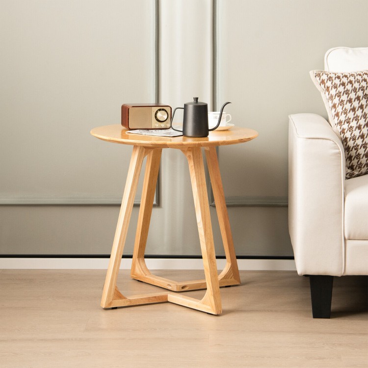 24-inch round end table made of rubber wood with V-shaped legs, featuring a natural finish for a farmhouse style.