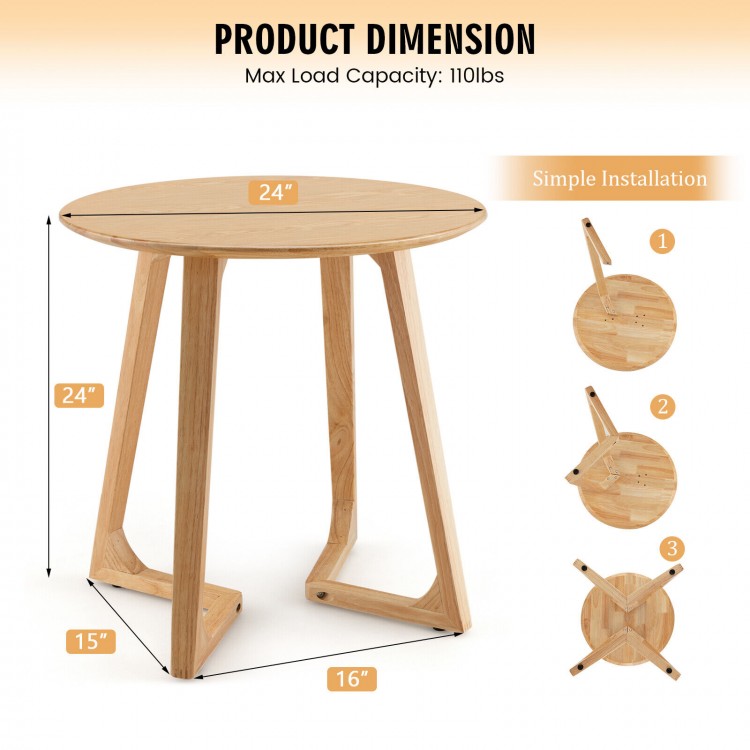 24-inch round end table made of rubber wood with V-shaped legs, featuring adjustable foot pads for stability and.