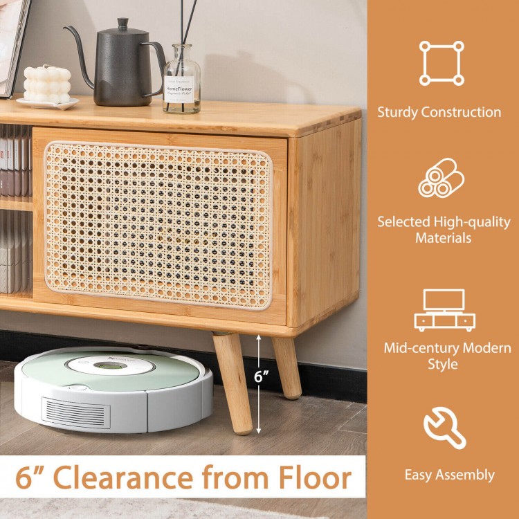 Modern TV stand in natural bamboo with rattan sliding doors, featuring 6" clearance and adjustable shelf for versatile.