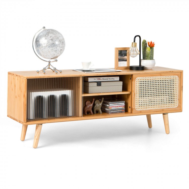 Modern TV stand in natural bamboo with rattan sliding doors and adjustable shelves for stylish, organized storage.