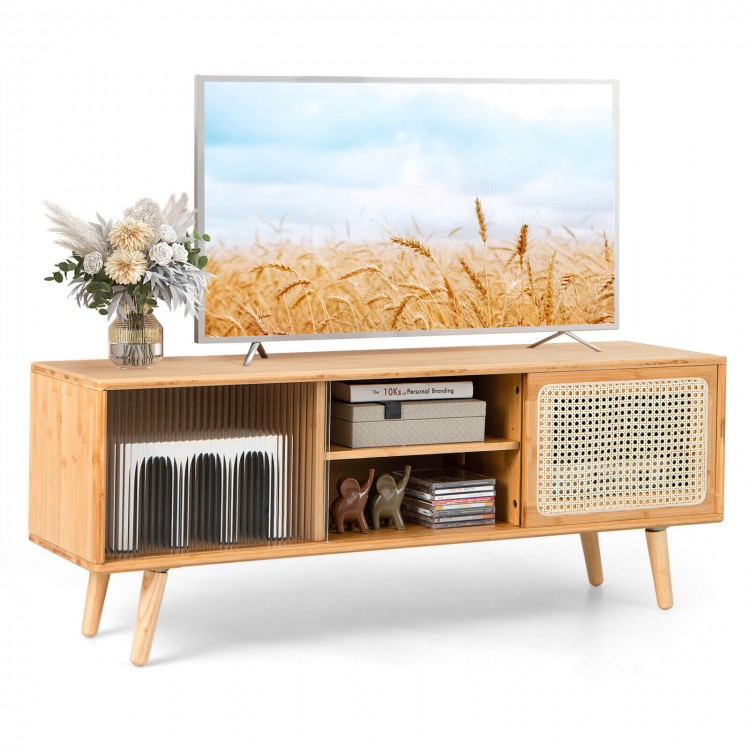 Modern TV stand in natural bamboo with rattan sliding doors and adjustable shelves, perfect for stylish living rooms.