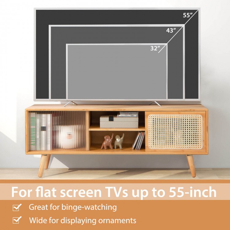 Modern TV stand with rattan sliding doors, natural bamboo finish, adjustable shelf, for flat screen TVs up to 55-inch.