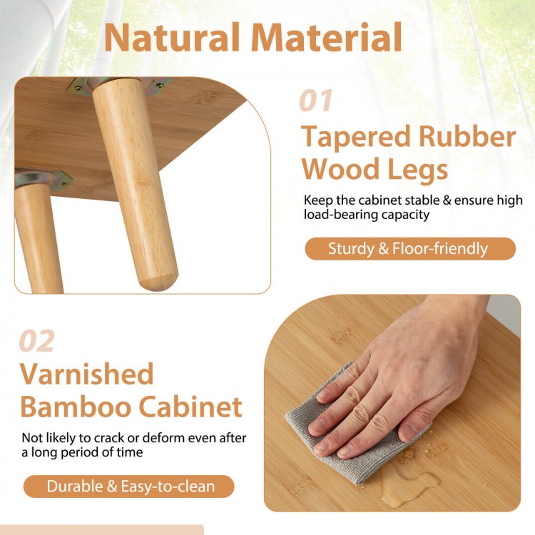 Bamboo cabinet with rattan sliding doors, featuring tapered rubber wood legs for stability and a rustic appeal.