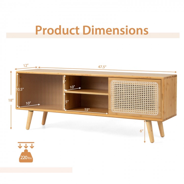 Modern TV stand dimensions with natural bamboo, rattan sliding doors, and adjustable shelf for stylish storage.