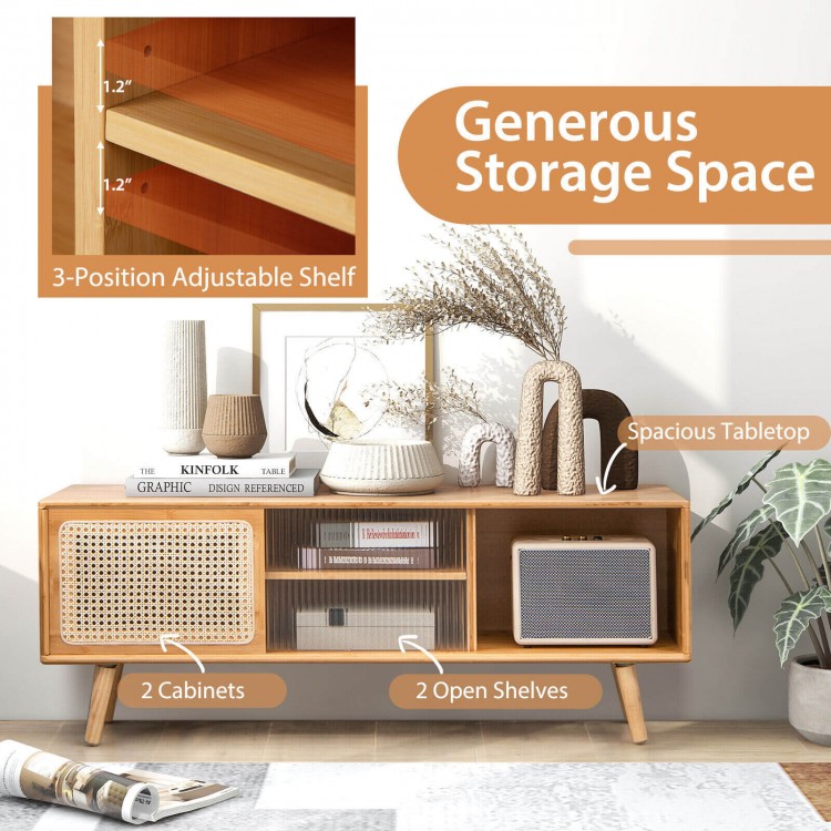 Modern TV stand with rattan sliding doors, adjustable shelf, and spacious tabletop for stylish storage and organization.