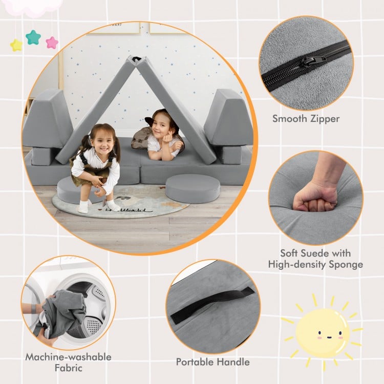 8-piece gray kids play couch sofa with portable handle, machine-washable fabric, and smooth zippers for easy cleaning.