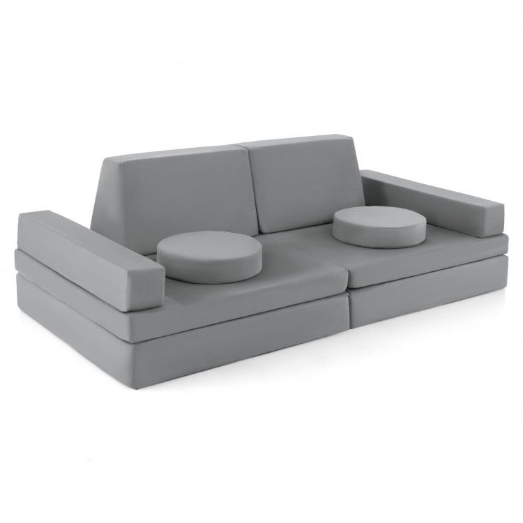 Gray 8-piece kids modular play couch sofa with round cushions, designed for creativity and easy cleaning.