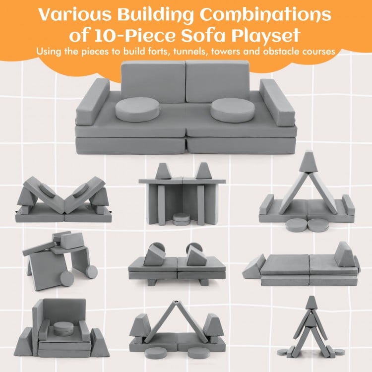 10-piece gray kids play couch set showcasing various building combinations for creative play and imagination.
