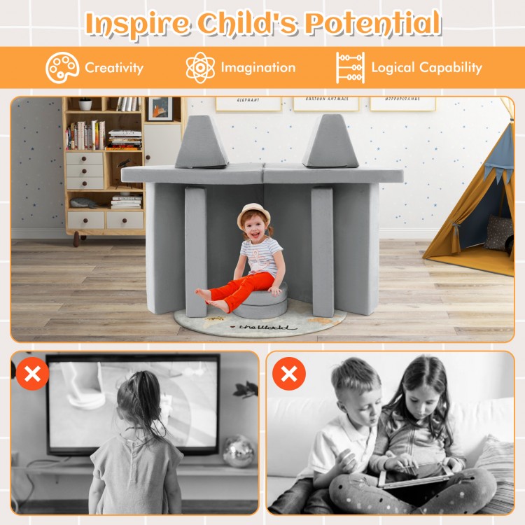 Gray 8-piece kids play couch sofa set with portable handle, designed for creativity and imagination in playtime.