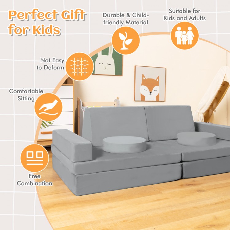 8-piece gray kids play couch sofa set with portable handle, ideal for creativity and easy cleaning for children.