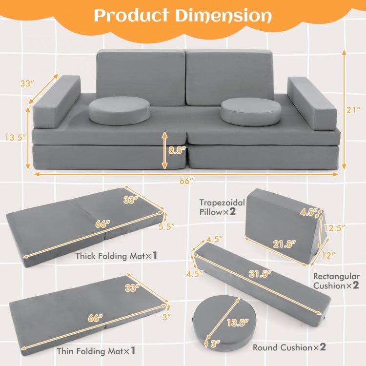 Dimensions of the 8-piece kids play couch sofa set in gray, featuring modular cushions for creative play and easy.