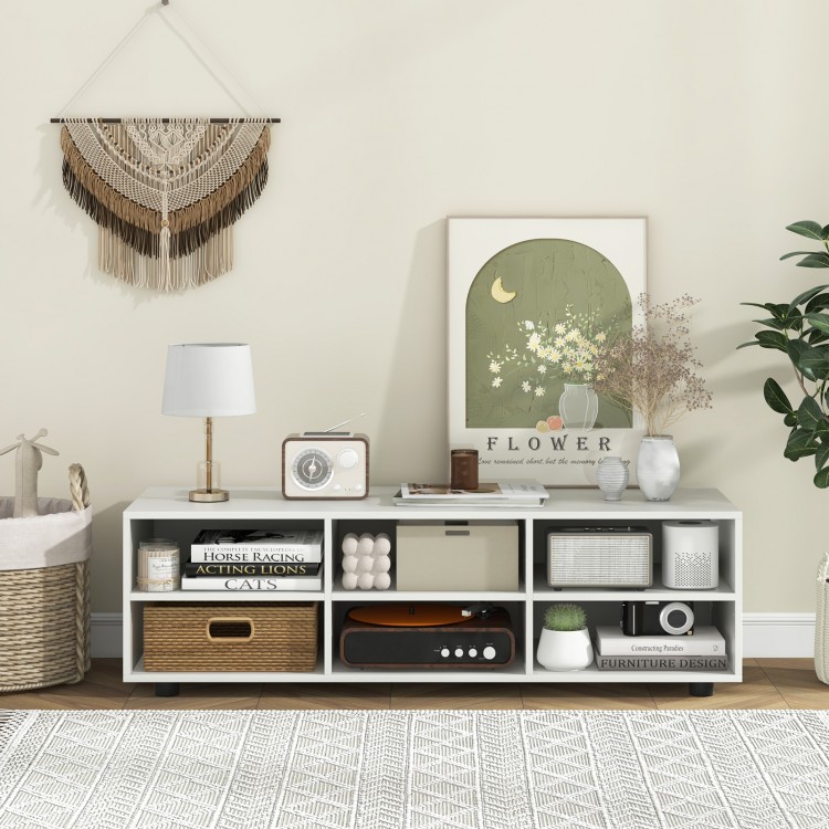 White TV stand for TVs up to 55 inches featuring 6 storage compartments and adjustable shelves for modern living rooms.