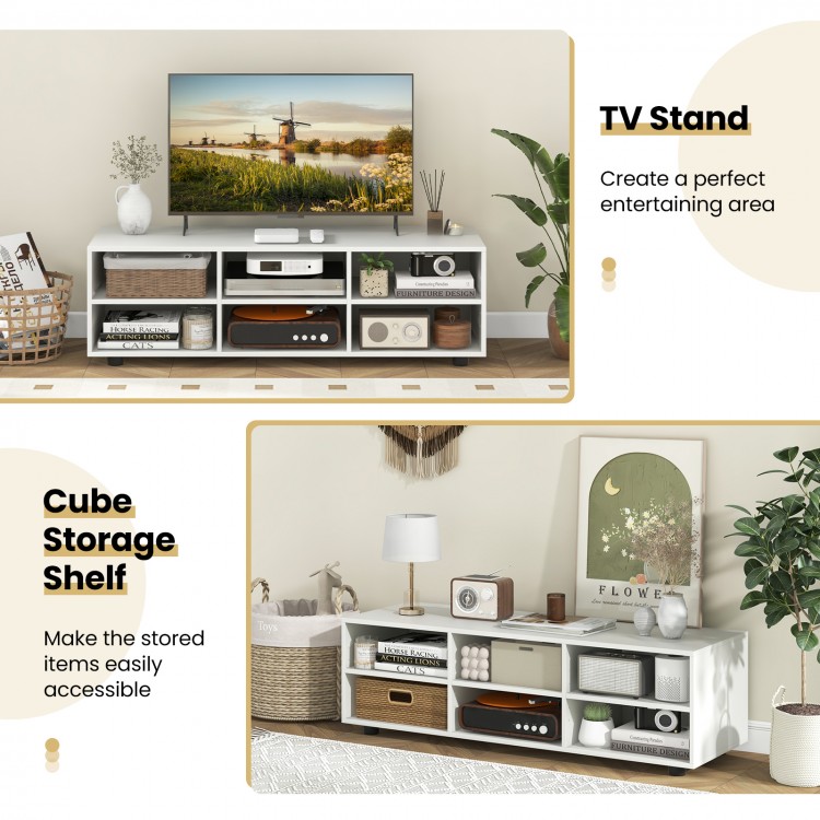 White TV stand for TVs up to 55 inches featuring 6 storage compartments and adjustable shelves for versatile.