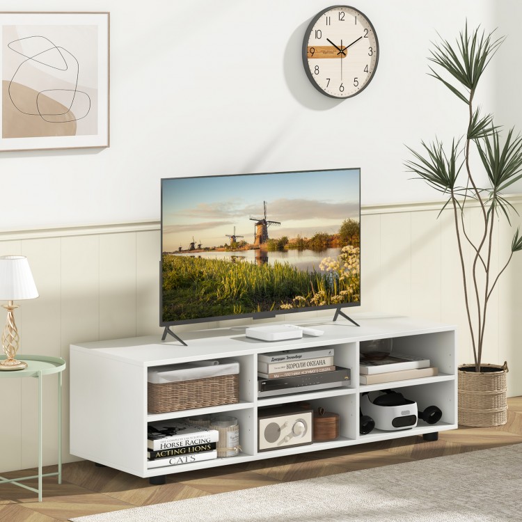 Elegant white TV stand designed for TVs up to 55 inches, featuring a spacious tabletop and stylish open cubbies for.