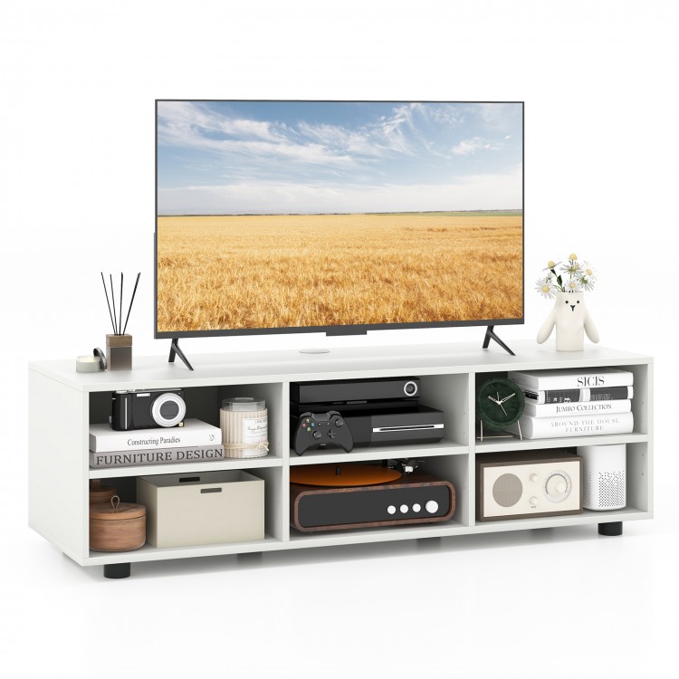 TV stand in white for TVs up to 55 inches, featuring 6 storage compartments and adjustable shelves for versatile.