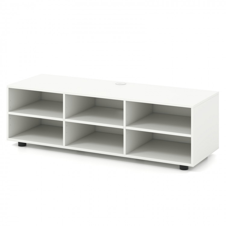 White TV stand with 6 storage compartments, suitable for TVs up to 55 inches, featuring cable management and adjustable.