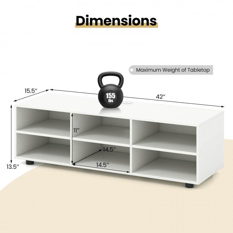 White TV stand with 6 storage compartments, dimensions shown, suitable for TVs up to 55 inches, featuring cable.