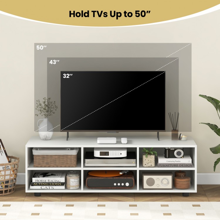 TV stand in white for TVs up to 55 inches, featuring 6 storage compartments and adjustable shelves for versatile use.