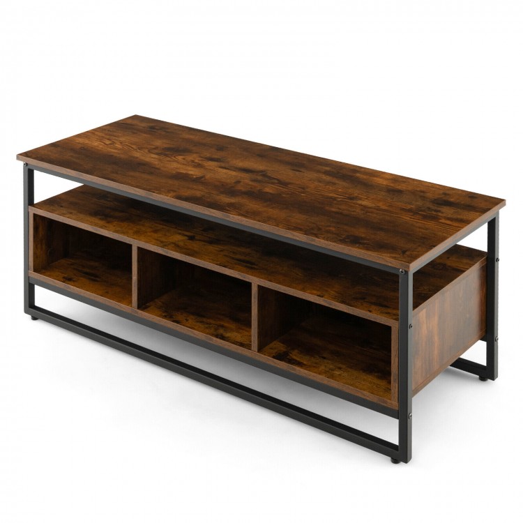 Industrial style coffee table in rustic brown featuring a spacious top and sturdy metal frame, perfect for modern.