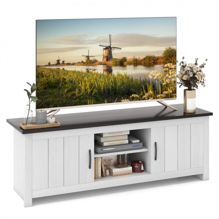 TV stand with a large tabletop for TVs up to 65 inches, featuring 2 cabinets and open shelves for versatile storage.