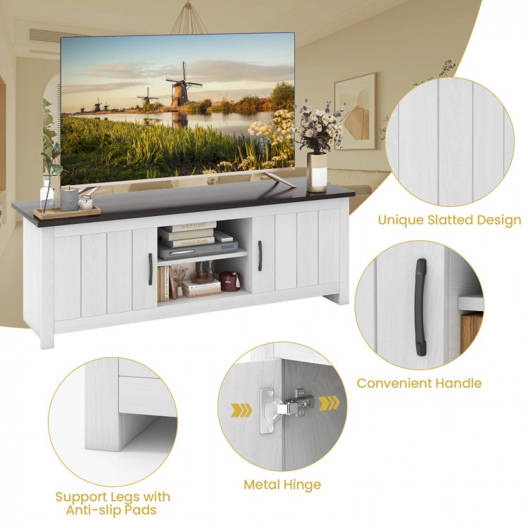 TV stand featuring a large tabletop, two cabinets, and open shelves, designed for TVs up to 65 inches, in a modern.