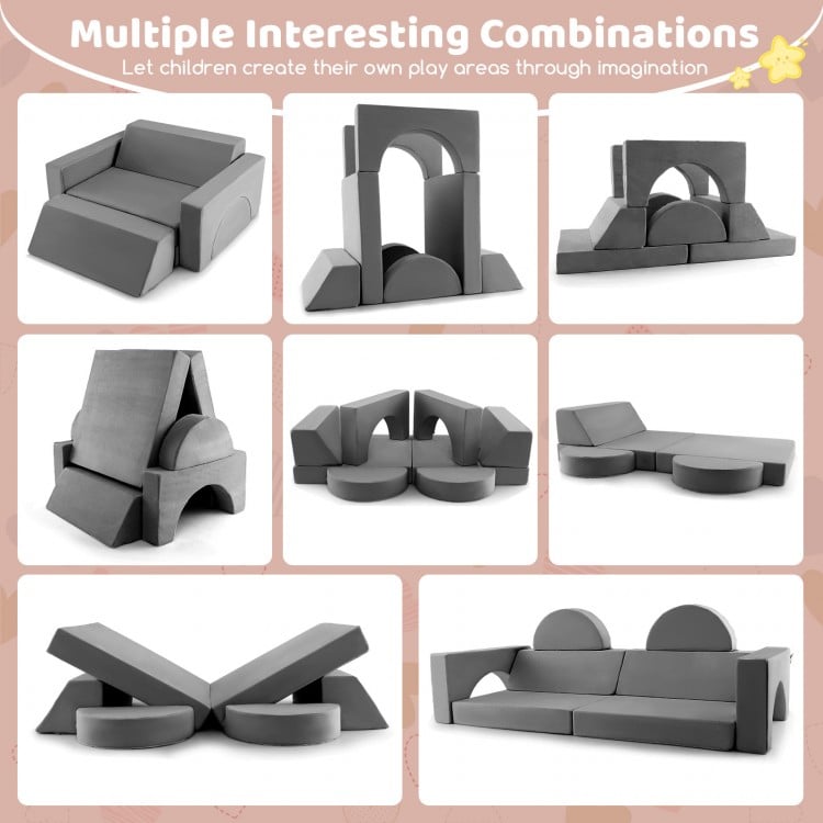 Gray 8-piece kids modular play sofa set with soft edges, ideal for creative playroom combinations and easy maintenance.