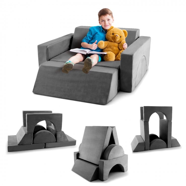 Kids modular play sofa in gray, featuring 8 pieces for creative combinations, made of soft, machine-washable suede.