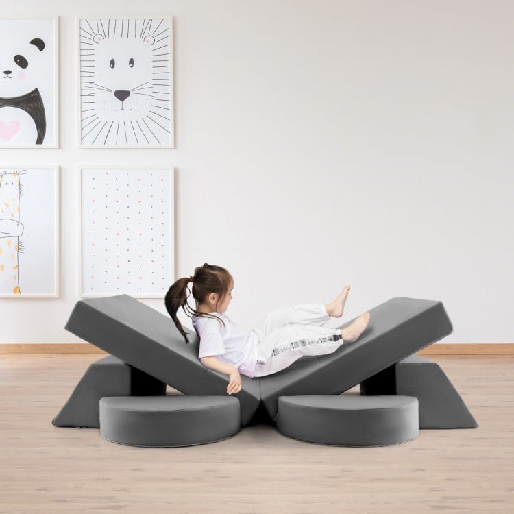 Kids modular play sofa in gray, featuring 8 pieces for creative combinations, soft suede material, and detachable.