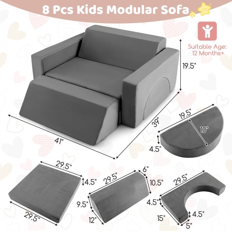 Kids modular play sofa in gray, featuring 8 pieces, soft suede material, and detachable covers for easy cleaning.