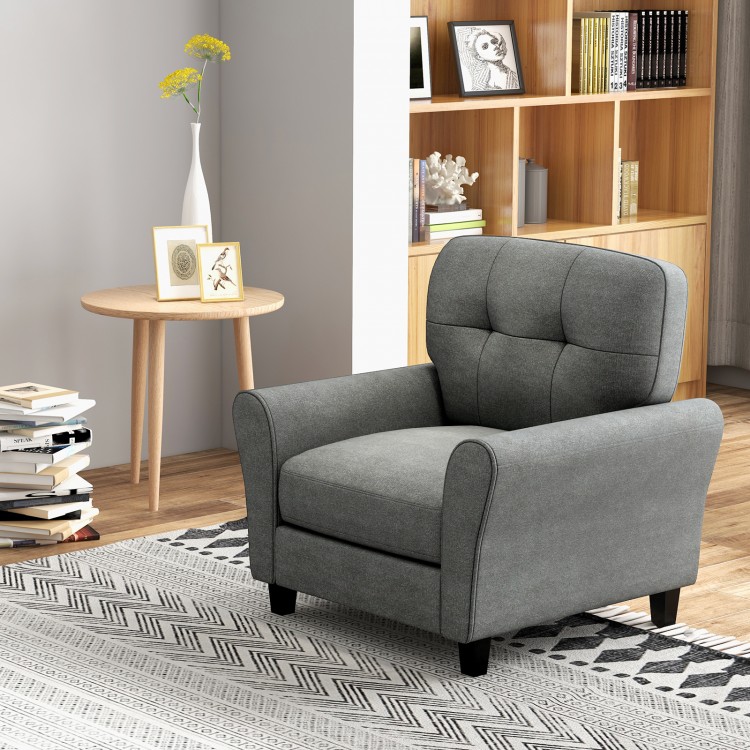 Gray modern upholstered accent chair with rubber wood legs, featuring a detachable back cushion, ideal for living room.