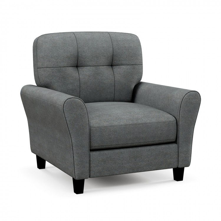 Gray modern upholstered accent chair with rubber wood legs, featuring a detachable back cushion for versatile use.