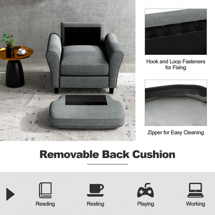 Modern gray accent chair with detachable back cushion, rubber wood legs, ideal for reading and resting.