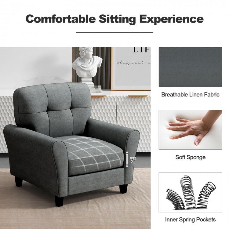 Modern gray upholstered accent chair with rubber wood legs, featuring a detachable back cushion for versatile comfort.