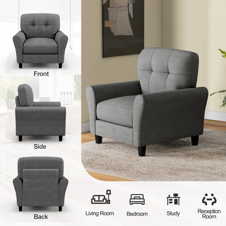 Gray modern upholstered accent chair with rubber wood legs, featuring a detachable back cushion for versatile use in.
