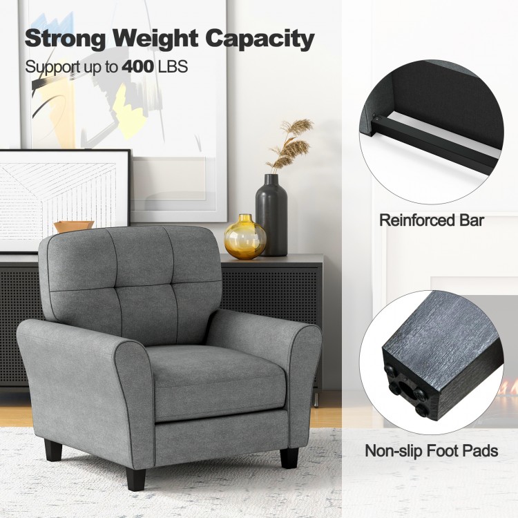 Gray modern upholstered accent chair with rubber wood legs, featuring a detachable back cushion and non-slip foot pads.