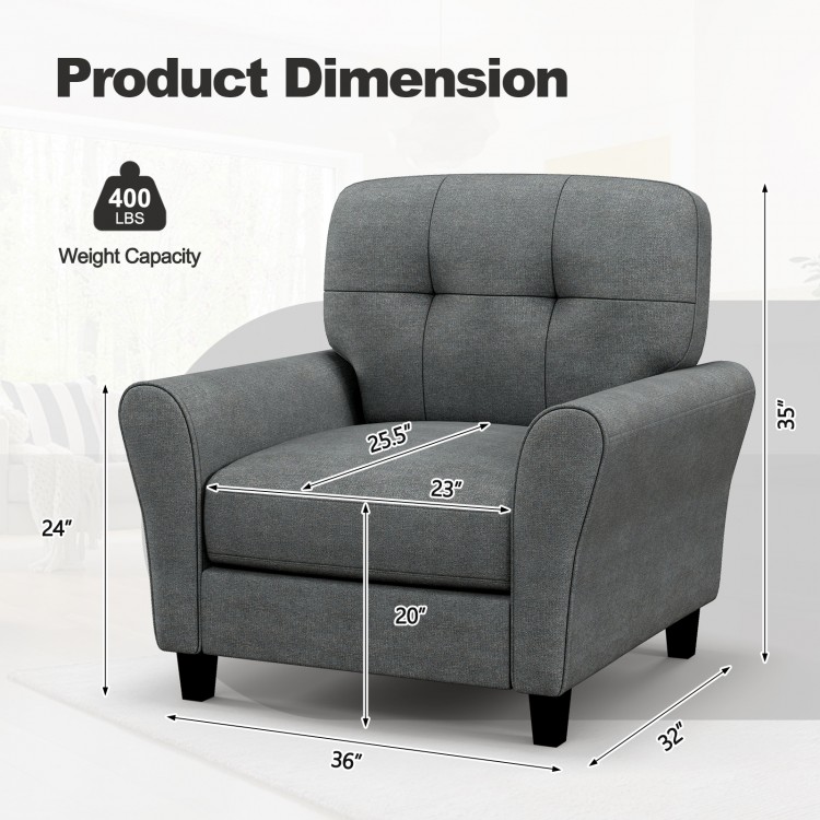 Modern gray upholstered accent chair with rubber wood legs, featuring detachable back cushion and dimensions for living.