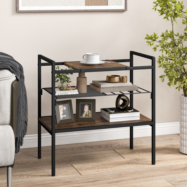 Industrial entryway table in rustic brown with removable panel and mesh shelf, perfect for organizing diverse items.