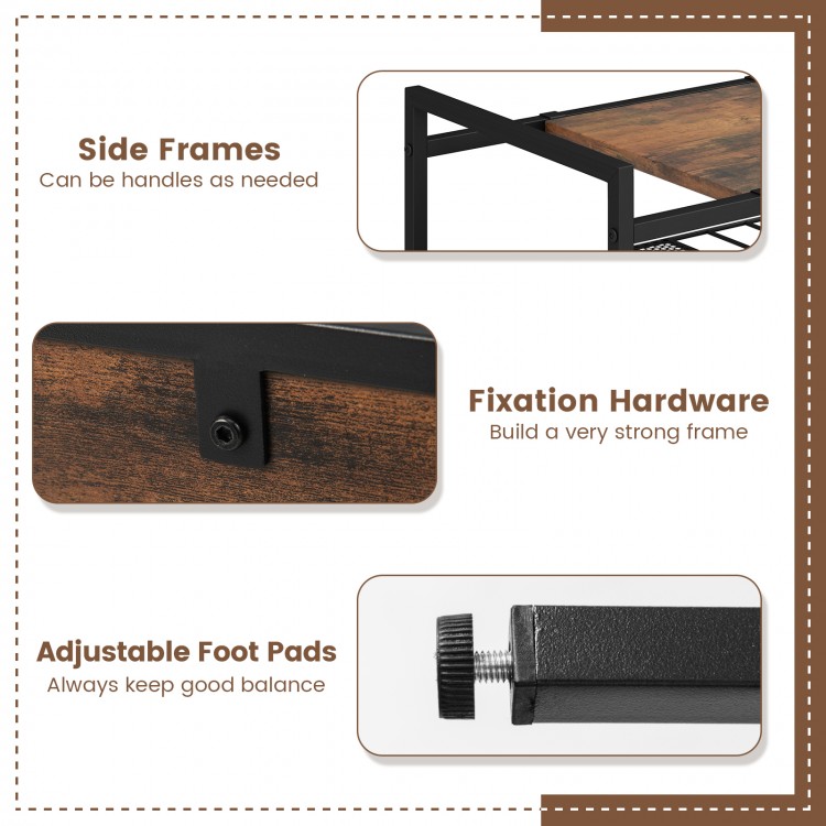 Industrial entryway table featuring removable panel, mesh shelf, and adjustable foot pads for versatile use and.
