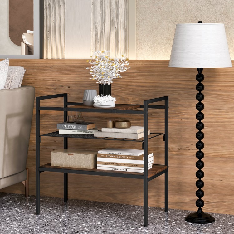 Industrial entryway table in rustic brown with removable mesh shelf, perfect for organizing diverse items in style.