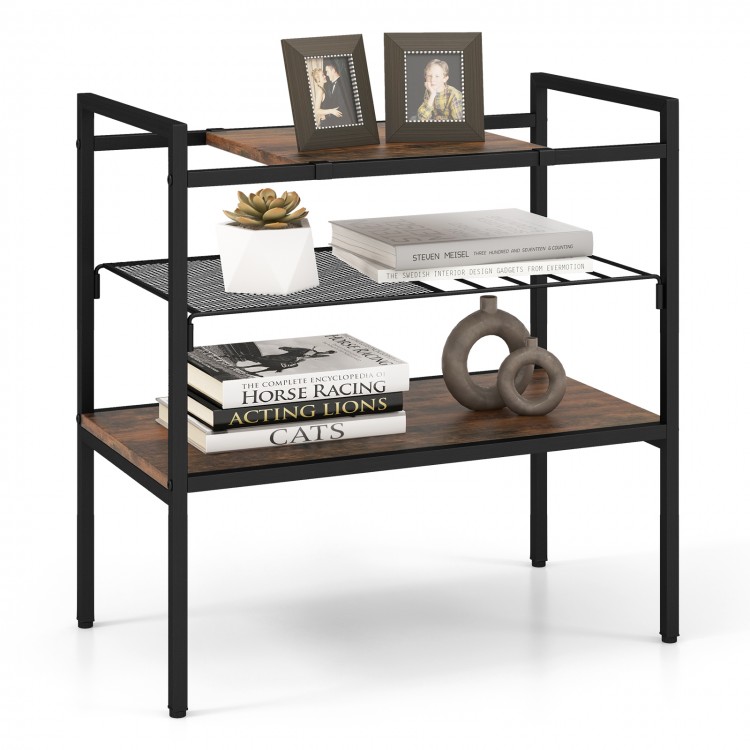 Industrial entryway table in rustic brown with removable metal shelf and mesh panel for versatile home organization.