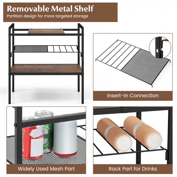 Industrial entryway table in rustic brown featuring a removable metal shelf and mesh design for versatile storage.