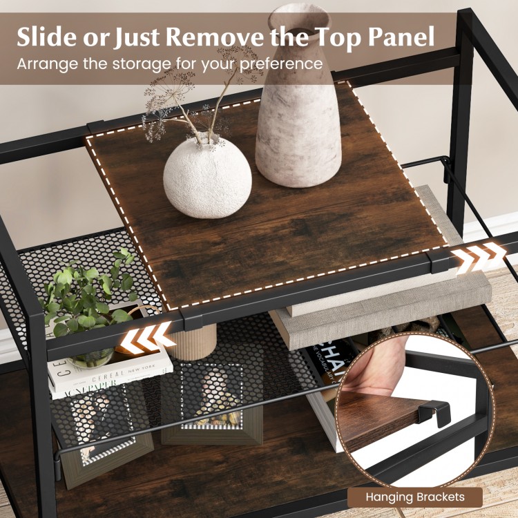 Close-up of the industrial entryway table showing the removable top panel and mesh shelf for customizable storage.