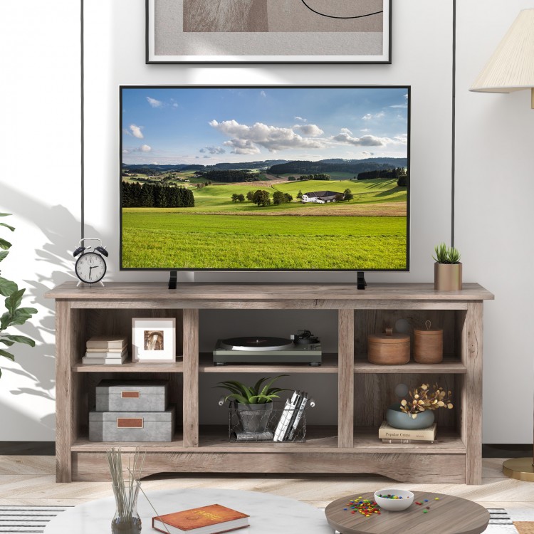 Gray TV stand for up to 65-inch TVs with adjustable shelves, perfect for storage and modern home aesthetics.