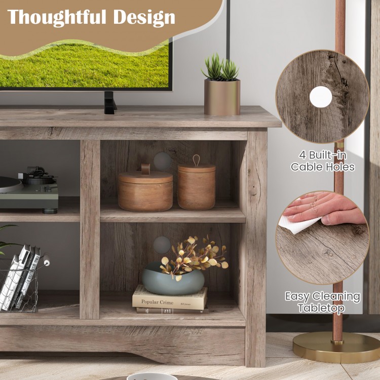 Gray TV stand with adjustable shelves, 4 cable holes, and easy-clean tabletop, suitable for 65-inch TVs and storage.