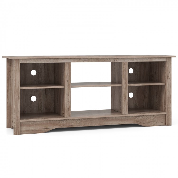 Gray TV stand for up to 65-inch TVs featuring adjustable shelves and cable management, ideal for modern living spaces.