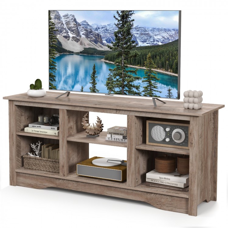 Gray TV stand for up to 65-inch TVs featuring adjustable shelves and ample storage for decor and electronics.